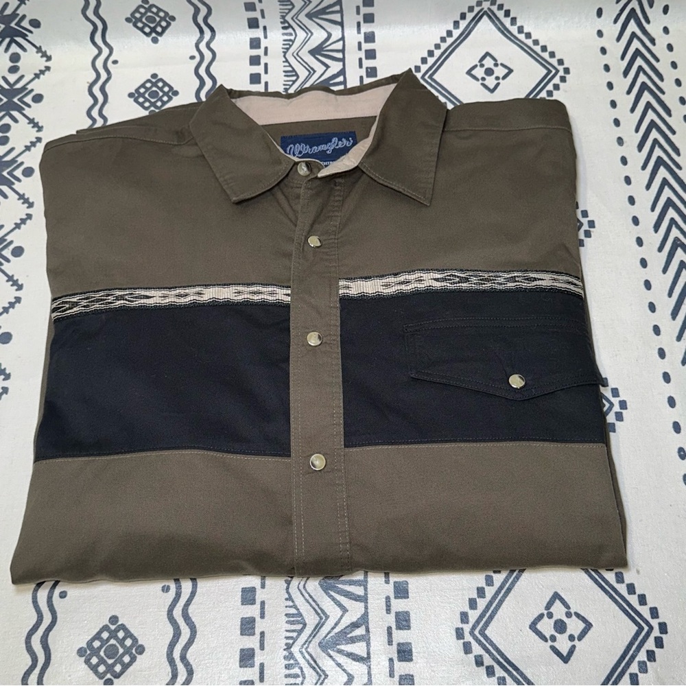 Vtg Wrangler Shirt Men Green ColorBlock Aztec Geometri Stripe Brush Popper XL